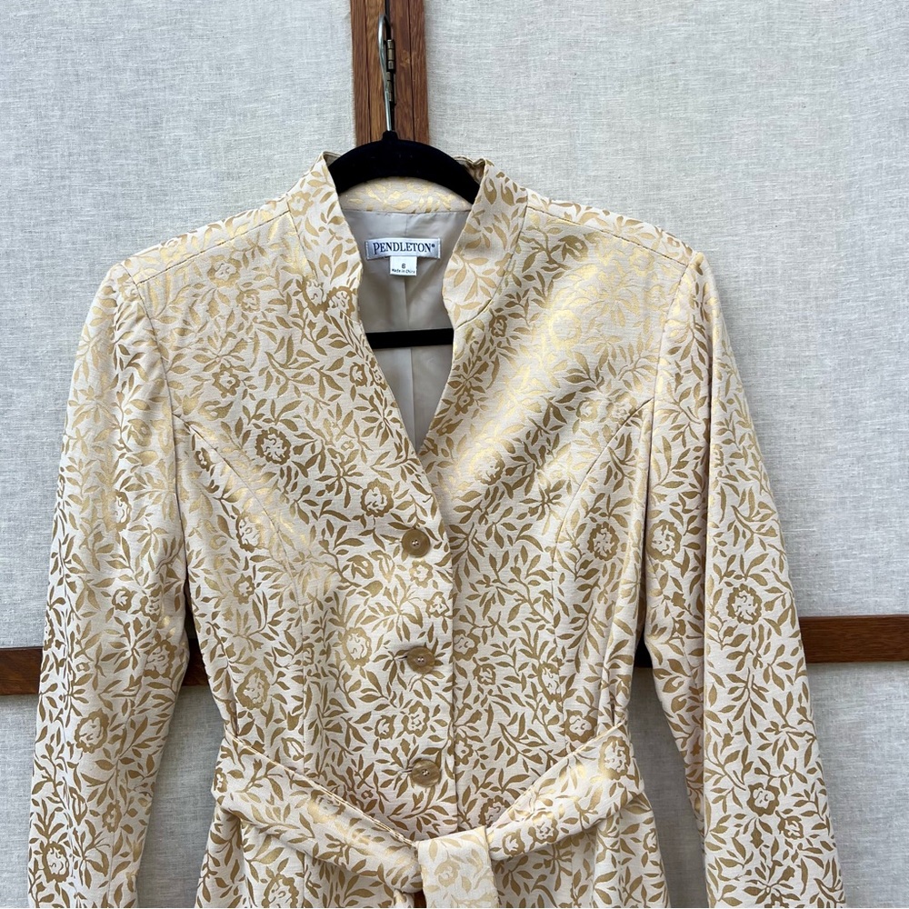 Pendleton Vintage 80s Gold Lame Cream Floral Brocade Belted Lined Blazer Jacket - Picture 6 of 16